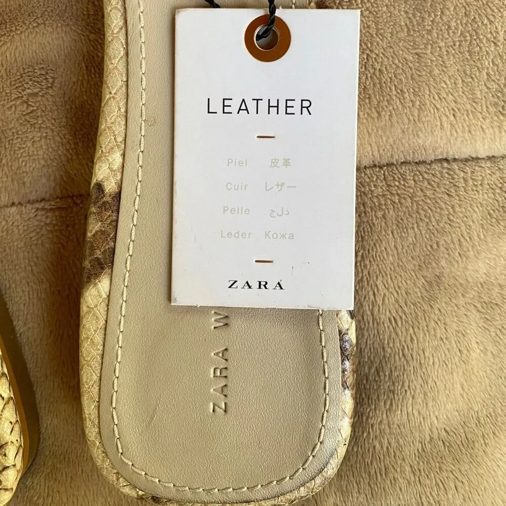 Zara Woman EU41 US10 leather snake print beige cream Tan nude slide sandals